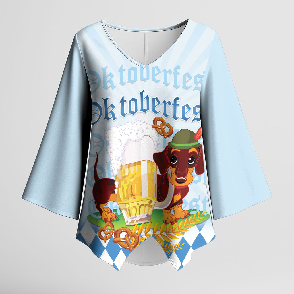 Germany Oktoberfest Kimono Sleeve Blouse Dachshund Beer and Bavarian Pretzel