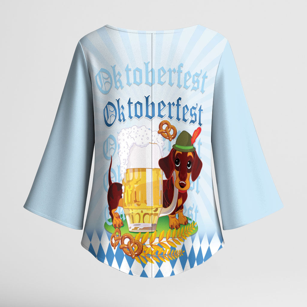 Germany Oktoberfest Kimono Sleeve Blouse Dachshund Beer and Bavarian Pretzel