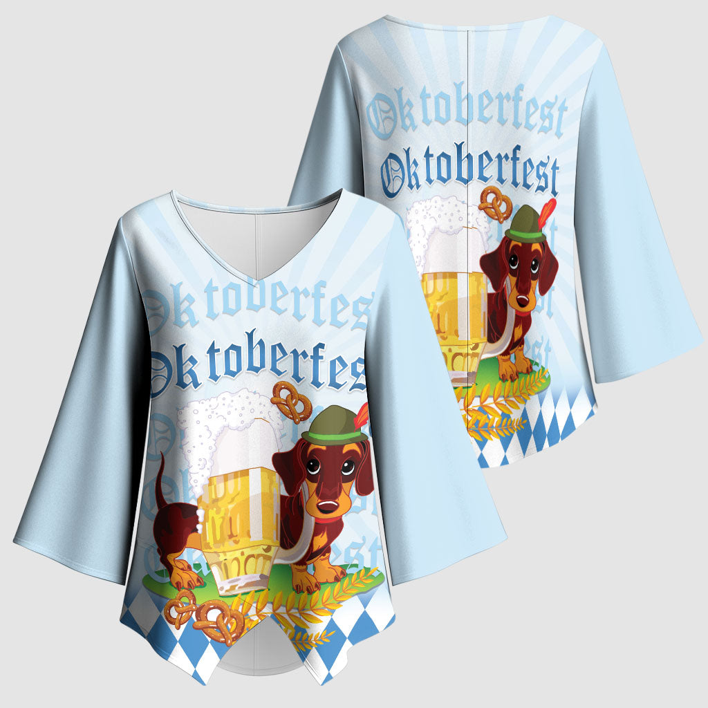 Germany Oktoberfest Kimono Sleeve Blouse Dachshund Beer and Bavarian Pretzel