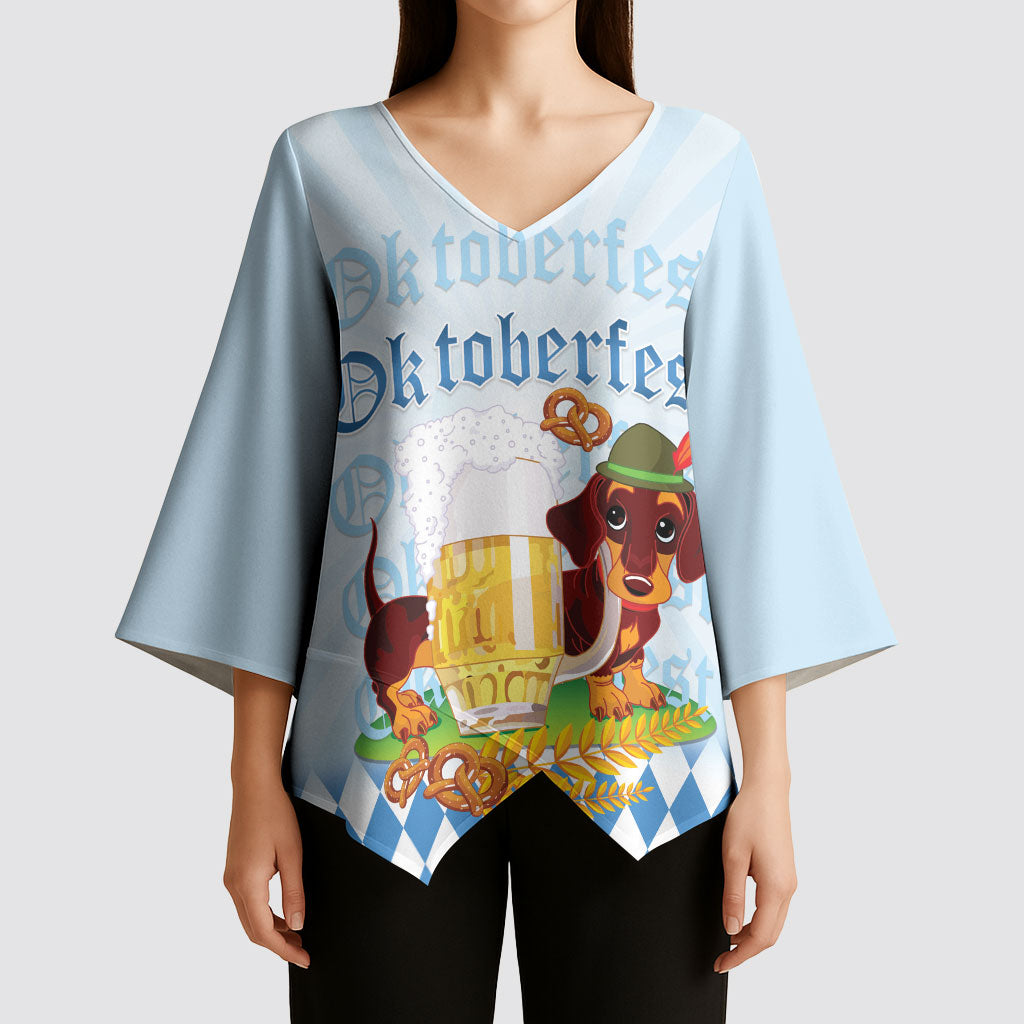 Germany Oktoberfest Kimono Sleeve Blouse Dachshund Beer and Bavarian Pretzel