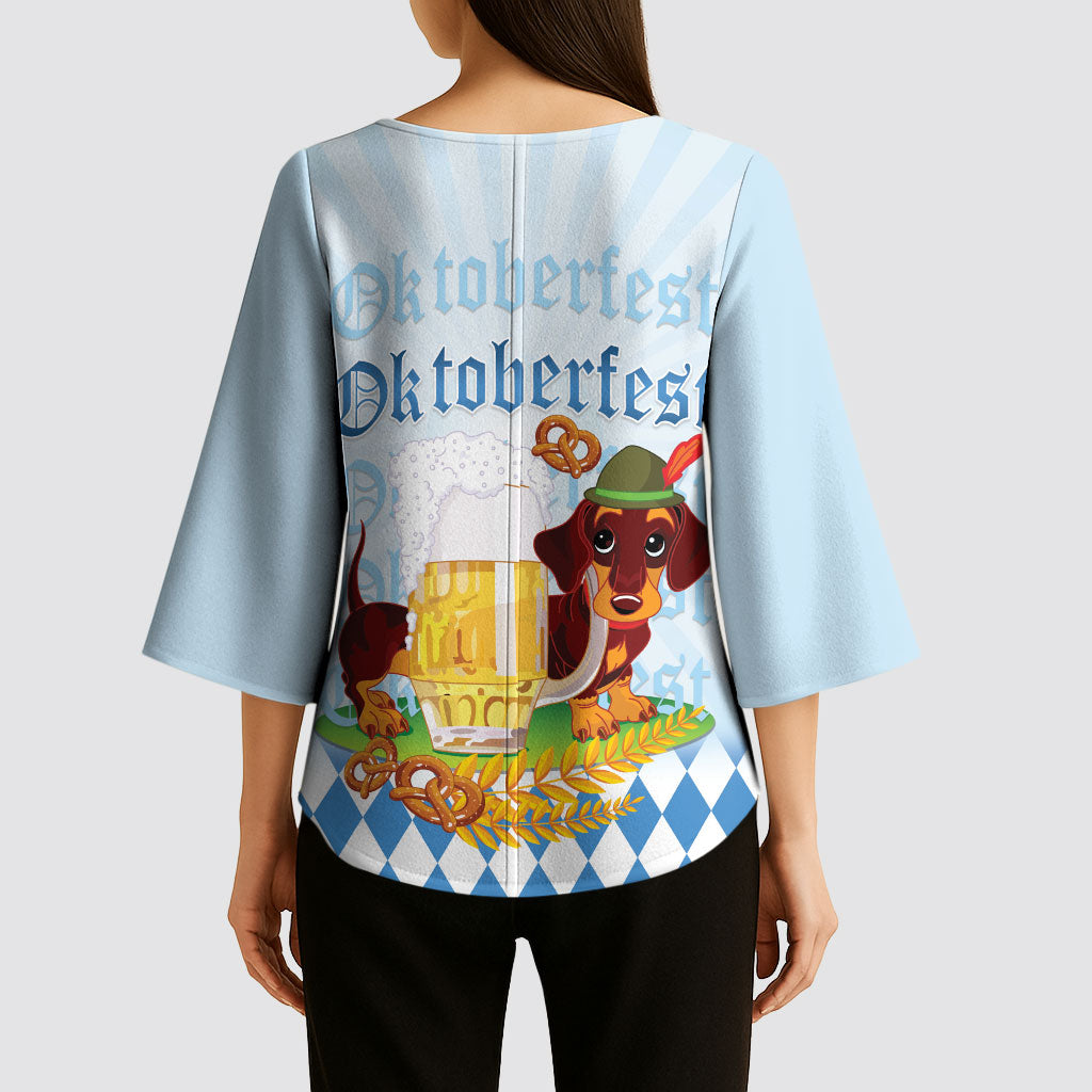 Germany Oktoberfest Kimono Sleeve Blouse Dachshund Beer and Bavarian Pretzel
