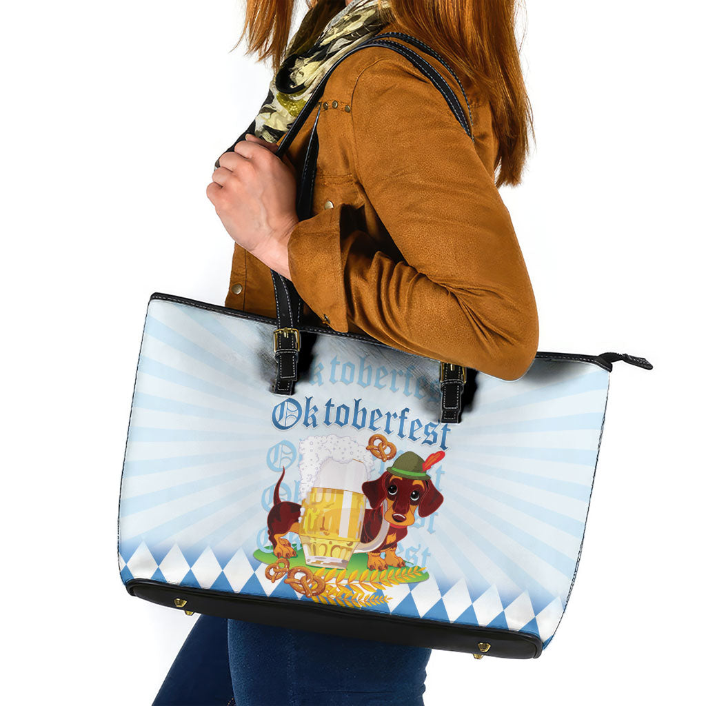 Germany Oktoberfest Leather Tote Bag Dachshund Beer and Bavarian Pretzel