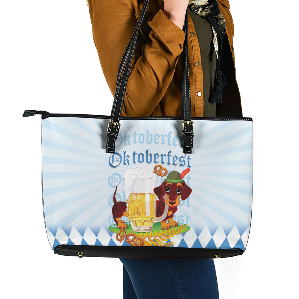 Germany Oktoberfest Leather Tote Bag Dachshund Beer and Bavarian Pretzel