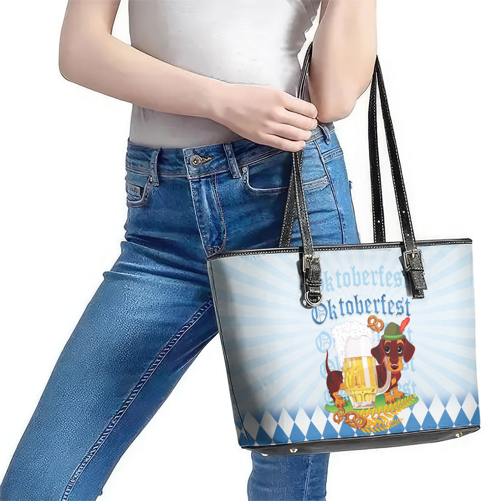 Germany Oktoberfest Leather Tote Bag Dachshund Beer and Bavarian Pretzel