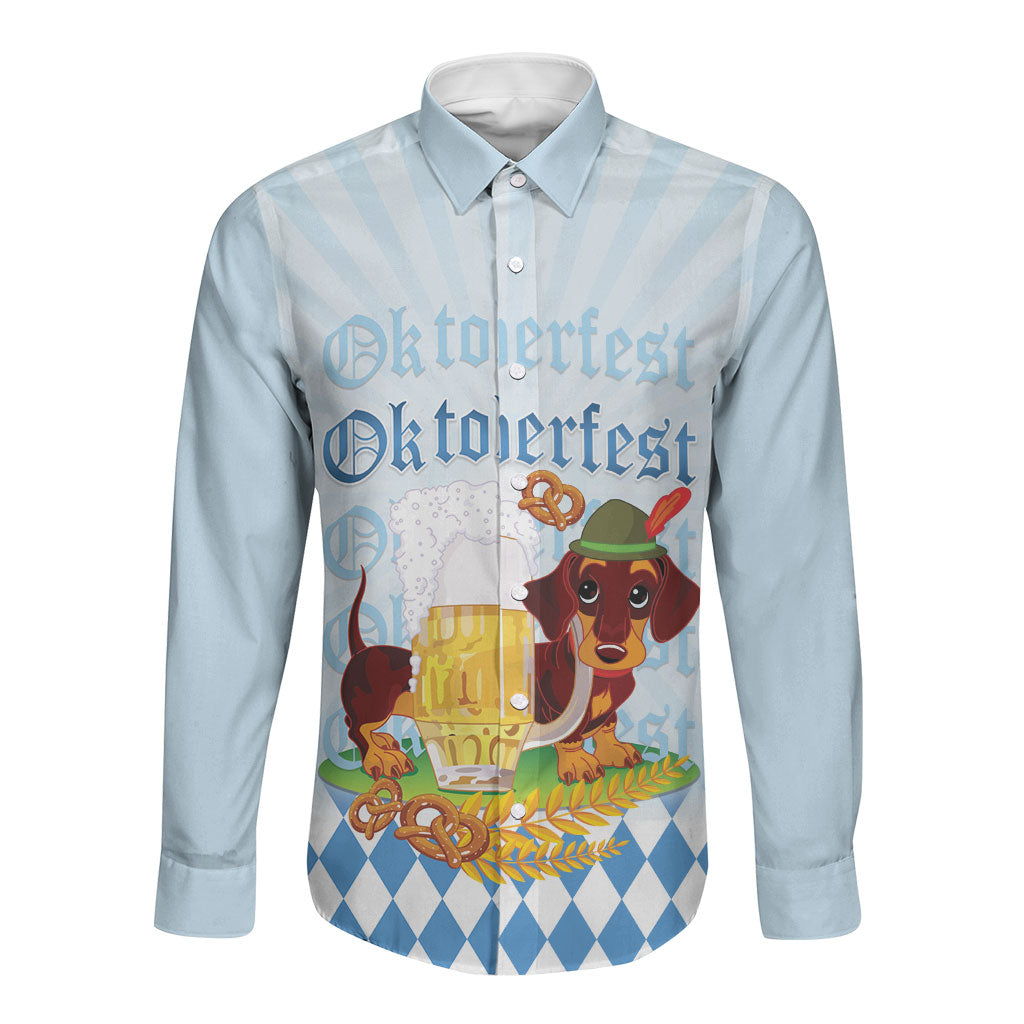 Germany Oktoberfest Long Sleeve Button Shirt Dachshund Beer and Bavarian Pretzel