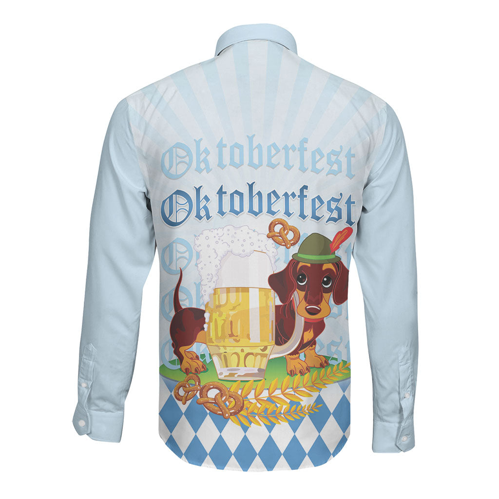Germany Oktoberfest Long Sleeve Button Shirt Dachshund Beer and Bavarian Pretzel