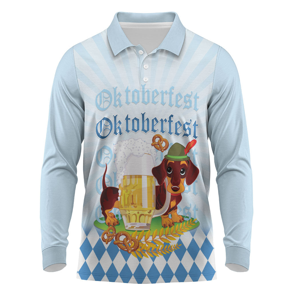 Germany Oktoberfest Long Sleeve Polo Shirt Dachshund Beer and Bavarian Pretzel