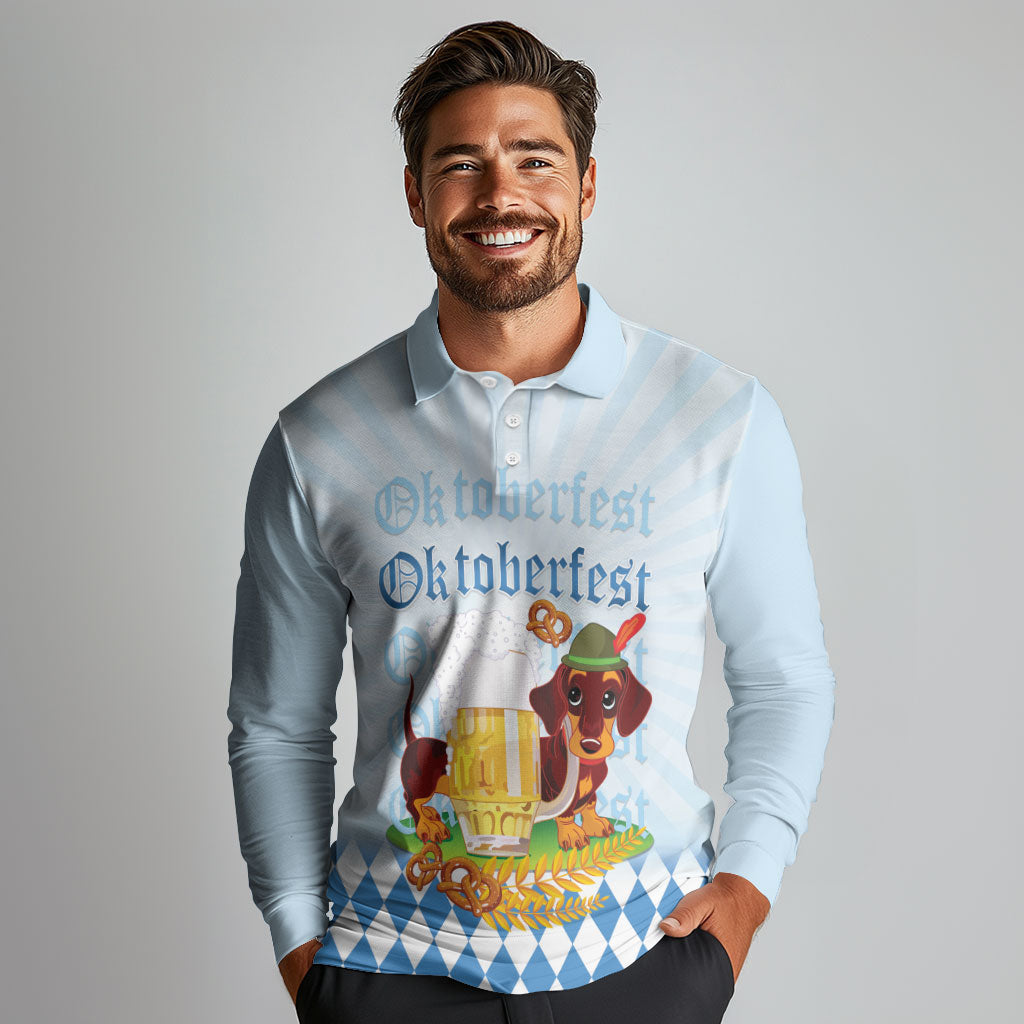 Germany Oktoberfest Long Sleeve Polo Shirt Dachshund Beer and Bavarian Pretzel