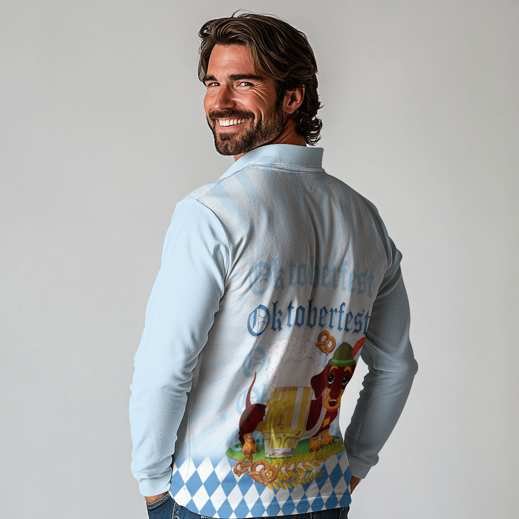 Germany Oktoberfest Long Sleeve Polo Shirt Dachshund Beer and Bavarian Pretzel