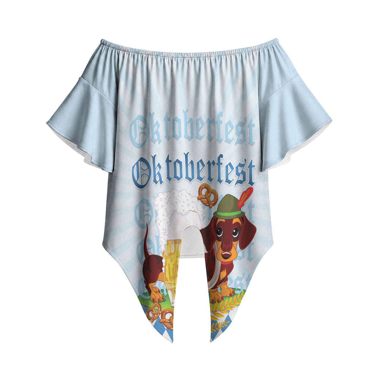 Germany Oktoberfest Off Shoulder Wrap Waist Top Dachshund Beer and Bavarian Pretzel