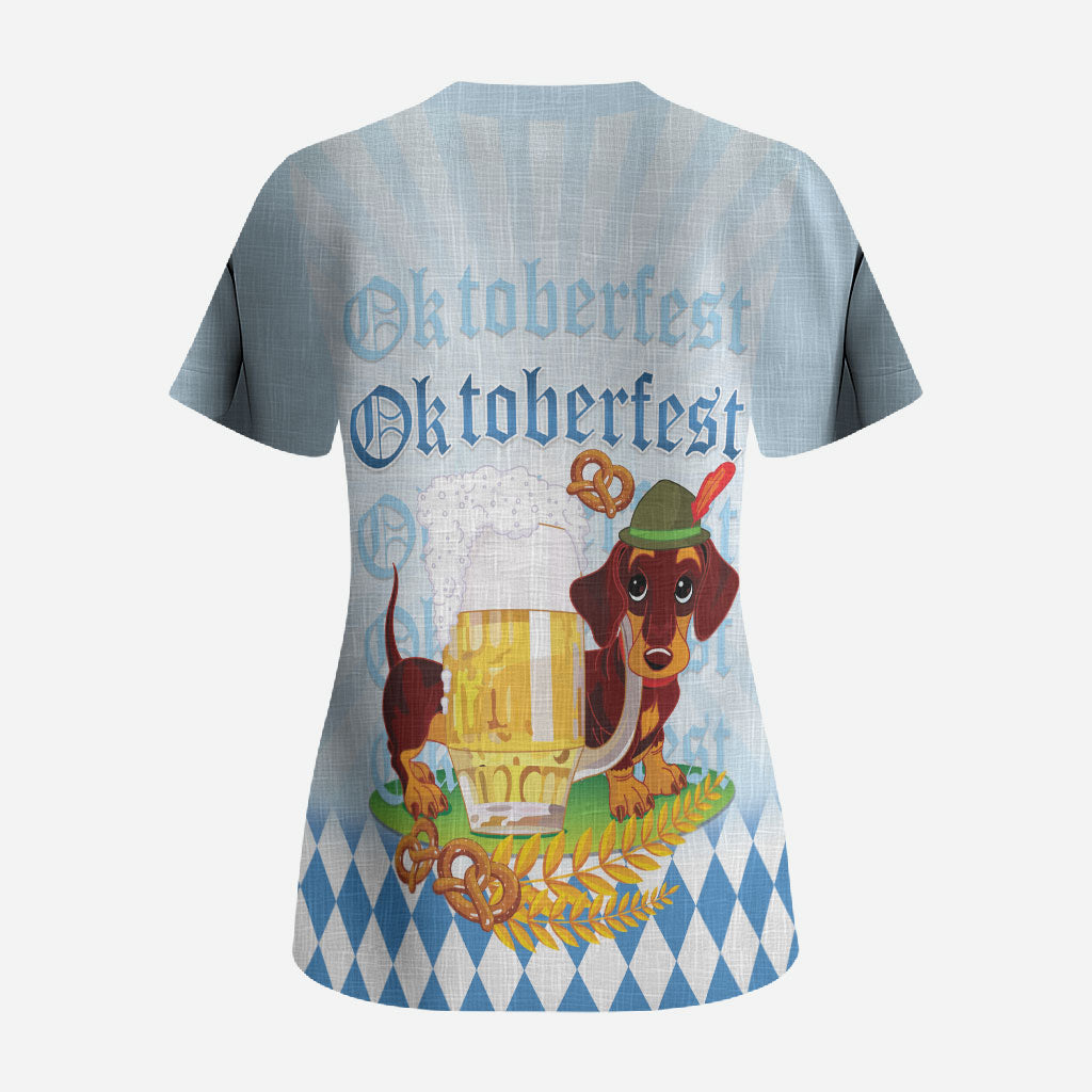 Germany Oktoberfest Scrub Top Dachshund Beer and Bavarian Pretzel