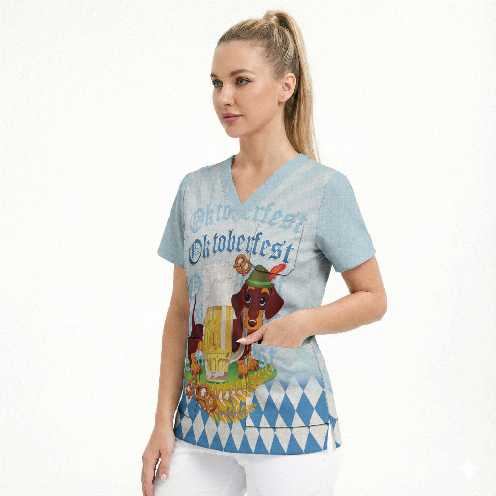 Germany Oktoberfest Scrub Top Dachshund Beer and Bavarian Pretzel