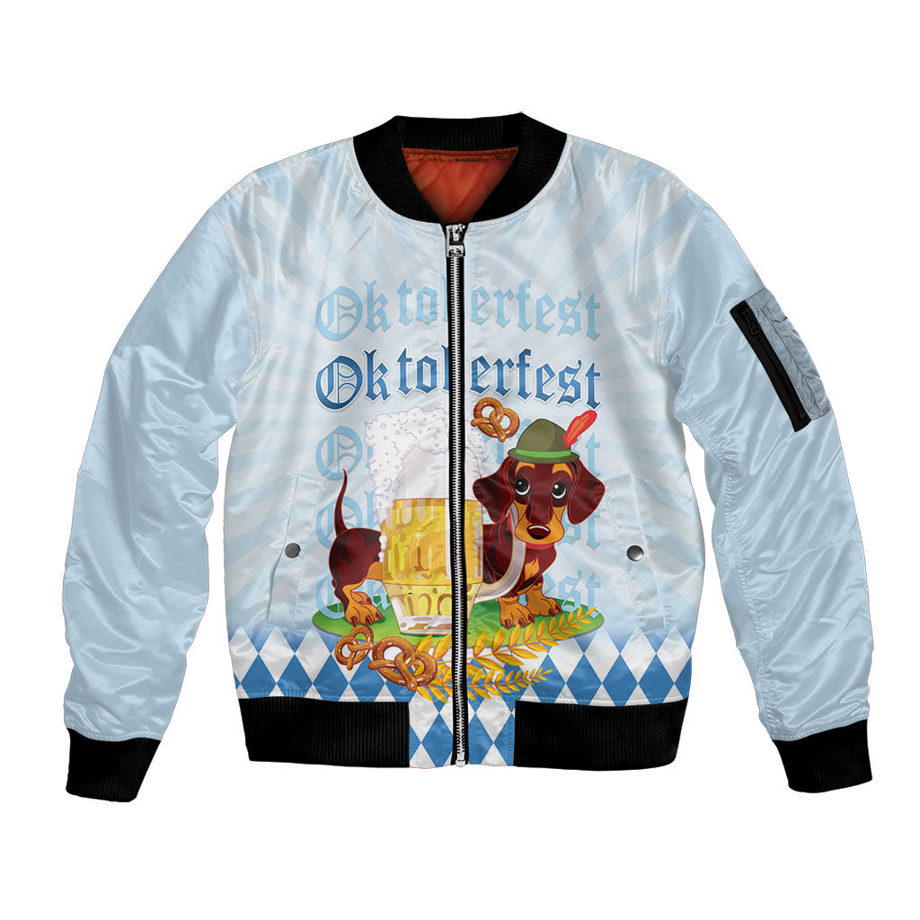 Germany Oktoberfest Sleeve Zip Bomber Jacket Dachshund Beer and Bavarian Pretzel