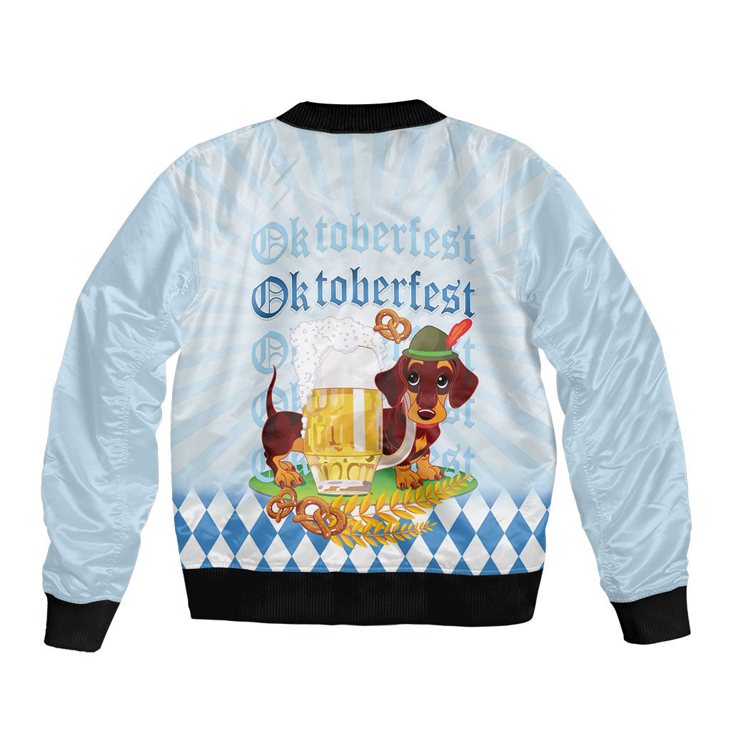 Germany Oktoberfest Sleeve Zip Bomber Jacket Dachshund Beer and Bavarian Pretzel