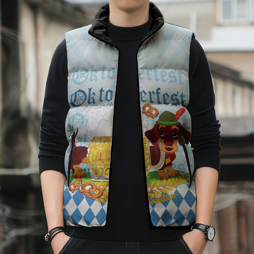 Germany Oktoberfest Sleeveless Puffer Jacket Dachshund Beer and Bavarian Pretzel