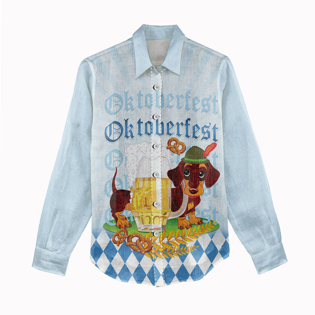 Germany Oktoberfest Women Casual Shirt Dachshund Beer and Bavarian Pretzel