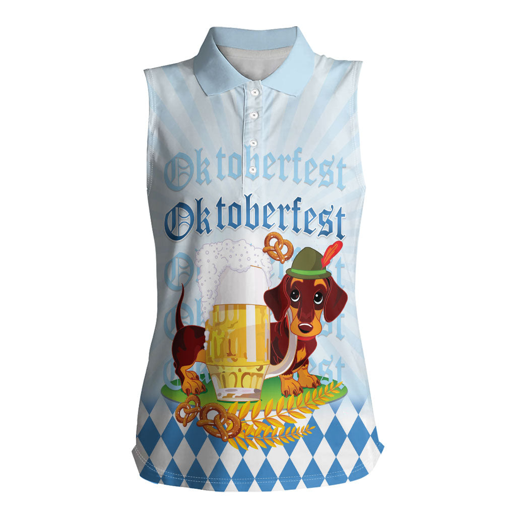 Germany Oktoberfest Women Sleeveless Polo Shirt Dachshund Beer and Bavarian Pretzel