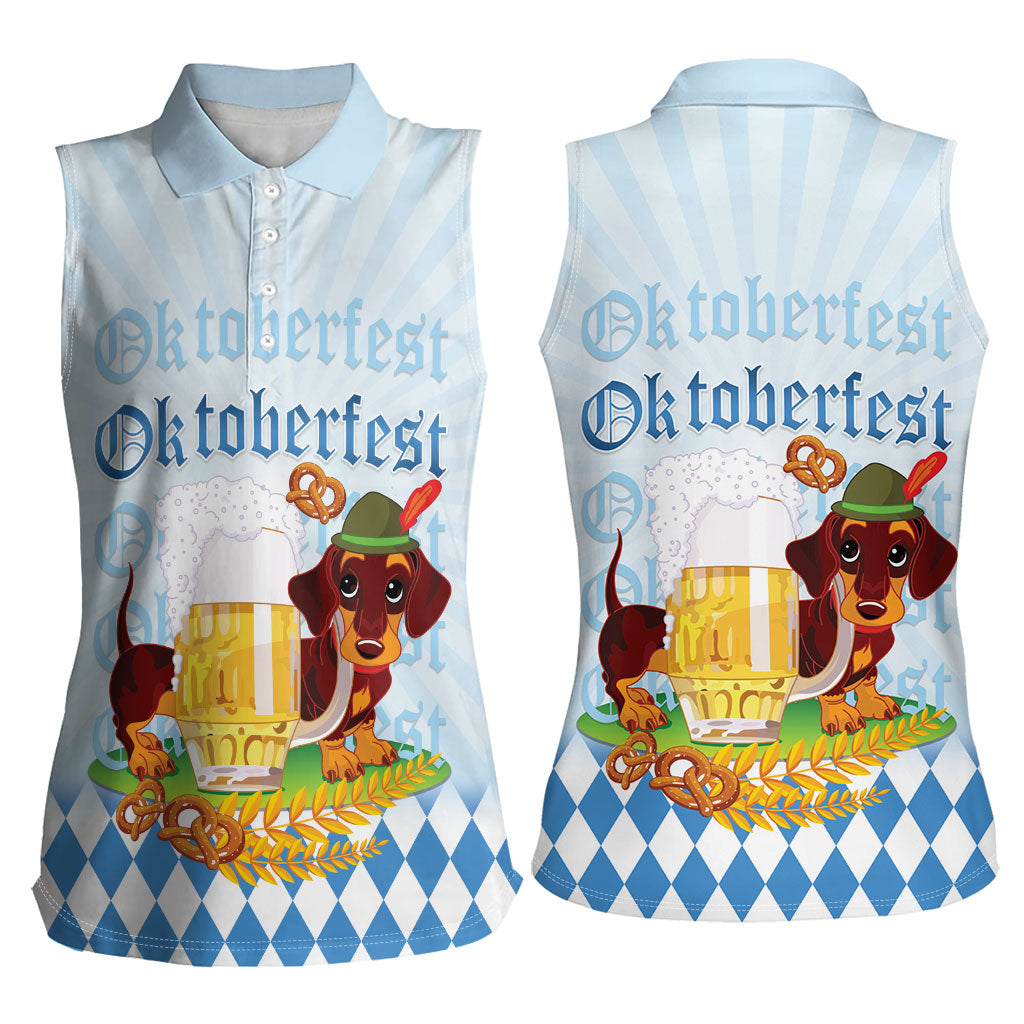Germany Oktoberfest Women Sleeveless Polo Shirt Dachshund Beer and Bavarian Pretzel