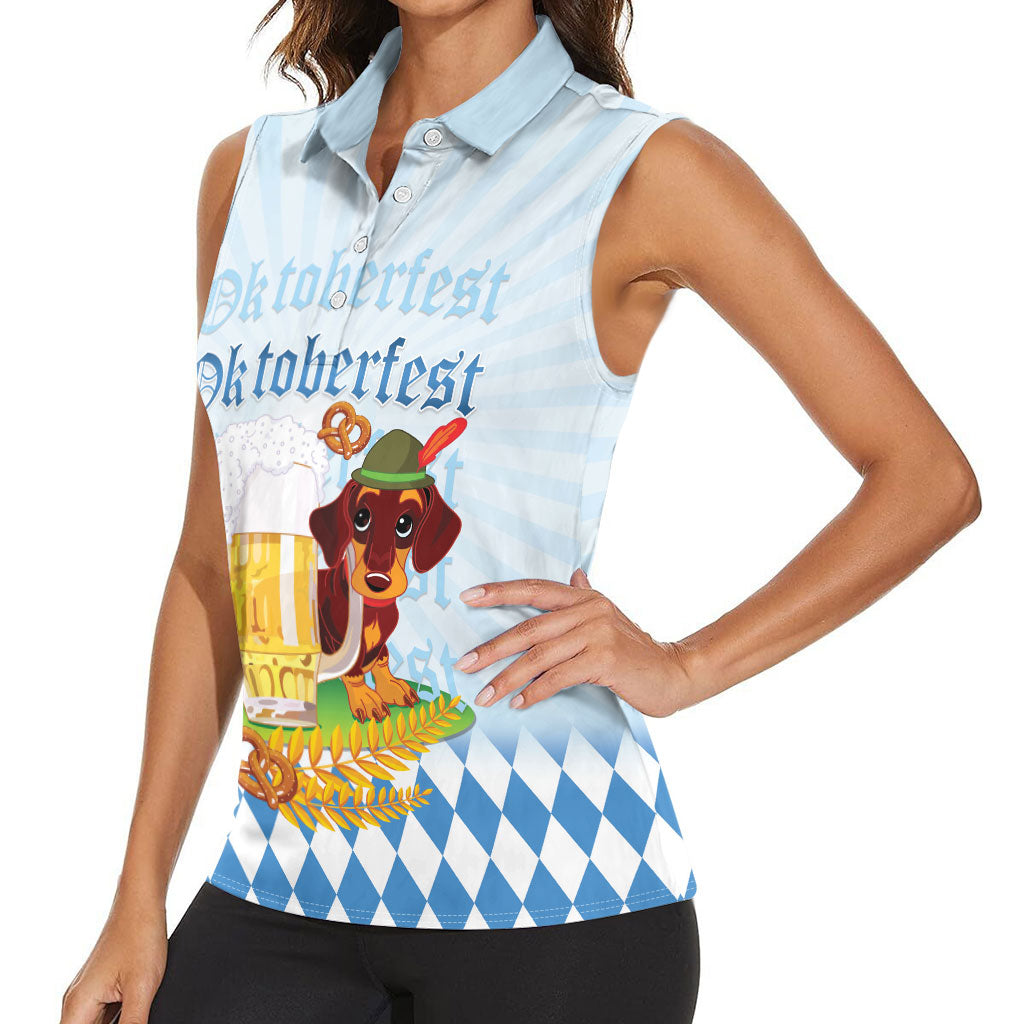 Germany Oktoberfest Women Sleeveless Polo Shirt Dachshund Beer and Bavarian Pretzel