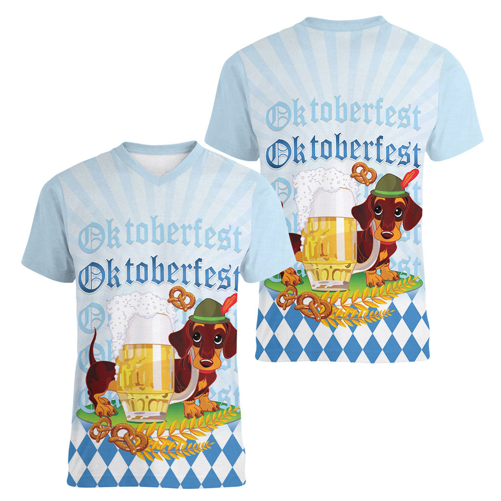Germany Oktoberfest Women V-Neck T-Shirt Dachshund Beer and Bavarian Pretzel