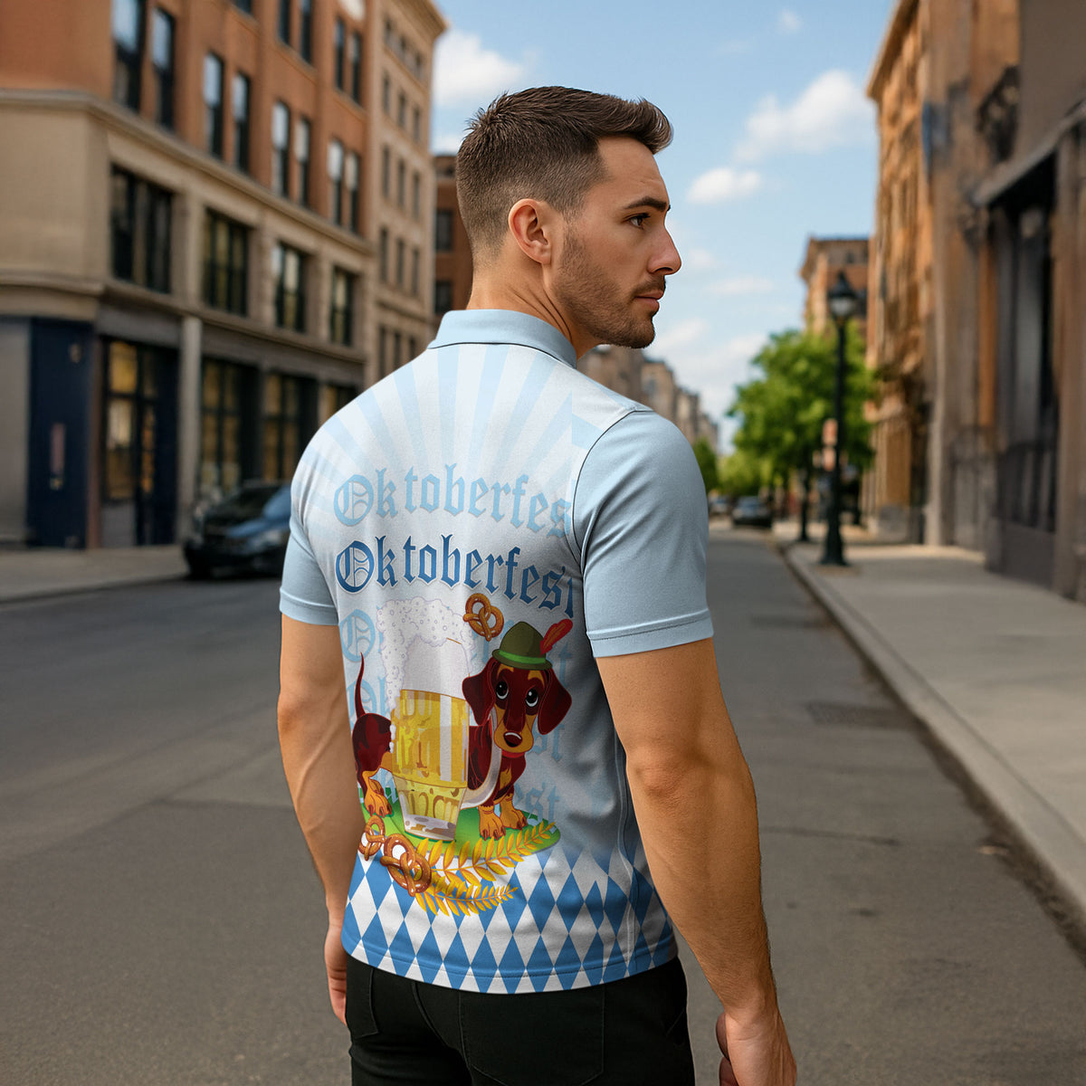 Germany Oktoberfest Zipper Polo Shirt Dachshund Beer and Bavarian Pretzel