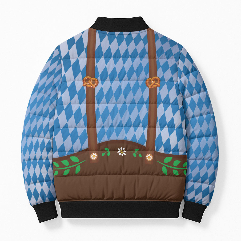 Lederhosen Oktoberfest Bomber Puffer Jacket Beers Bavarian Diamond Pattern