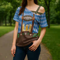 Lederhosen Oktoberfest Cross Shoulder Shirt Beers Bavarian Diamond Pattern