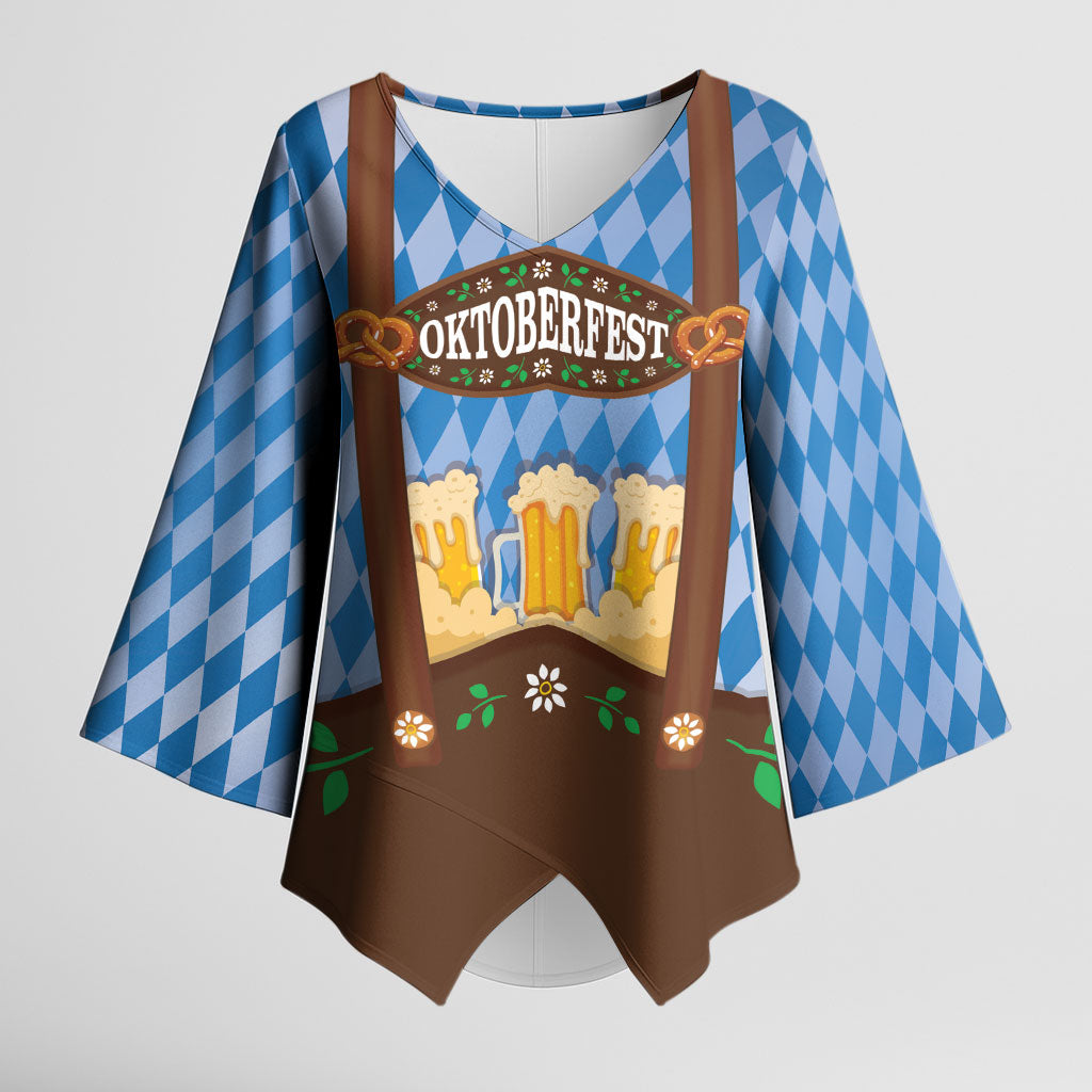 Lederhosen Oktoberfest Kimono Sleeve Blouse Beers Bavarian Diamond Pattern