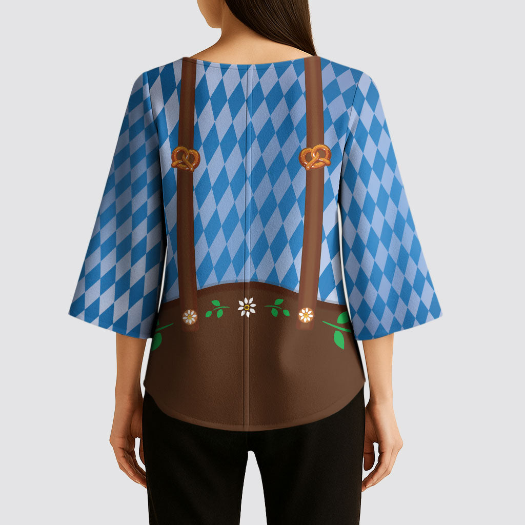 Lederhosen Oktoberfest Kimono Sleeve Blouse Beers Bavarian Diamond Pattern