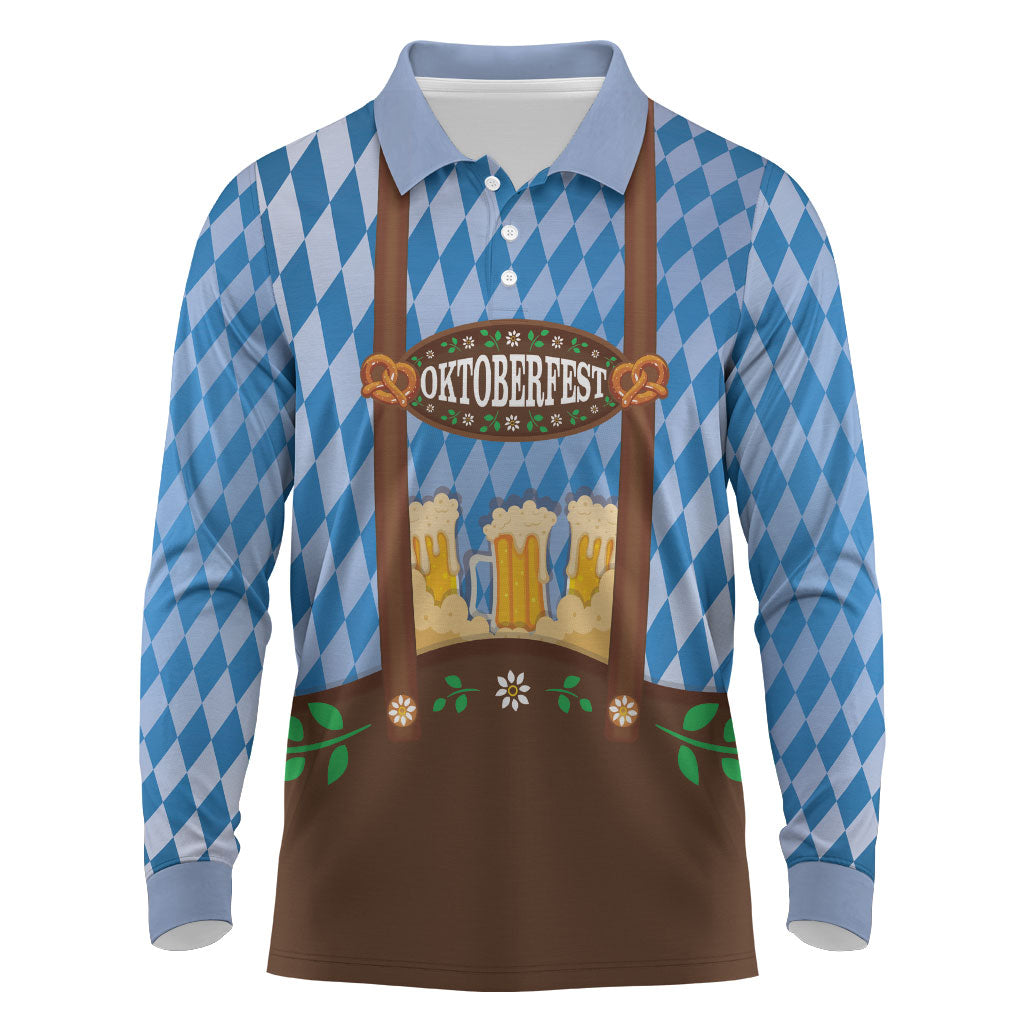 Lederhosen Oktoberfest Long Sleeve Polo Shirt Beers Bavarian Diamond Pattern
