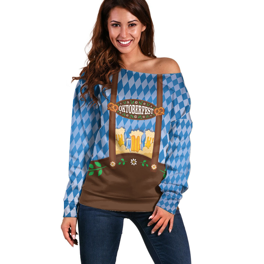 Lederhosen Oktoberfest Off Shoulder Sweater Beers Bavarian Diamond Pattern