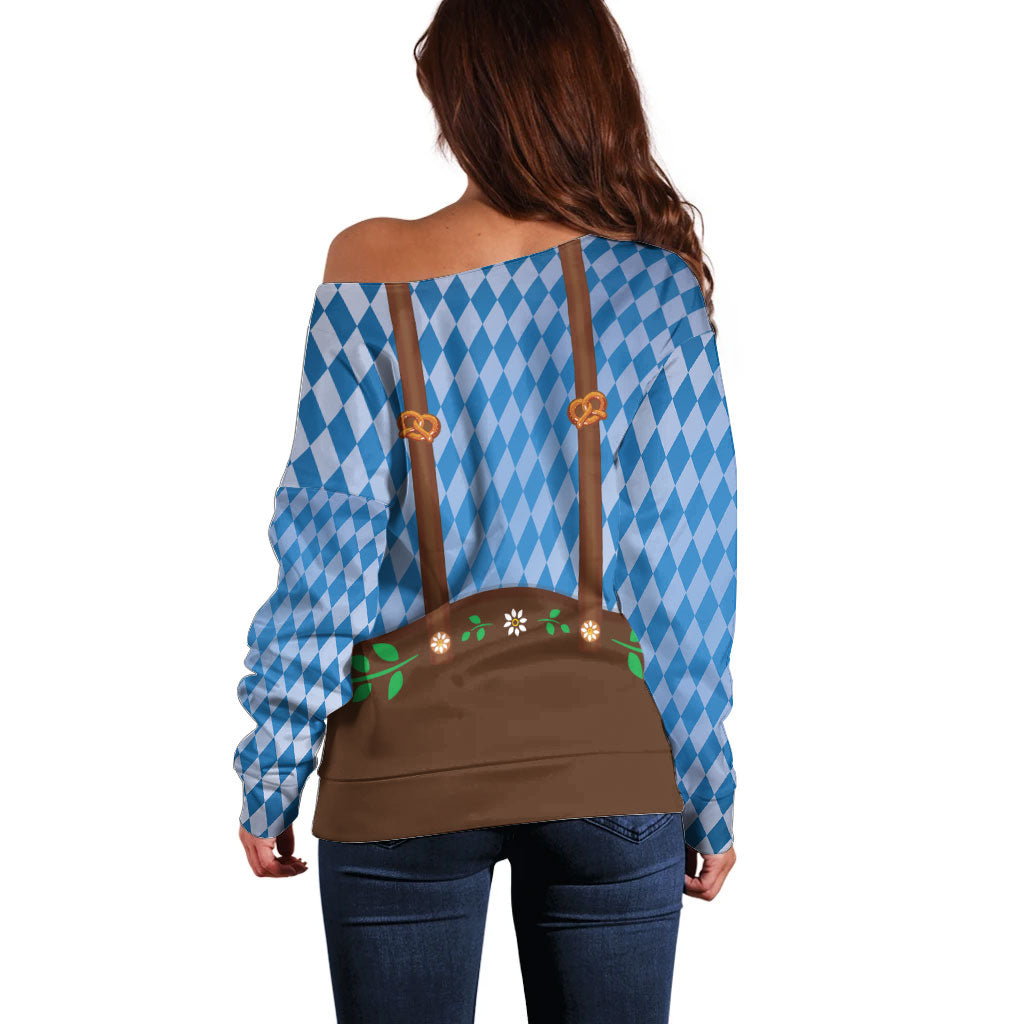 Lederhosen Oktoberfest Off Shoulder Sweater Beers Bavarian Diamond Pattern