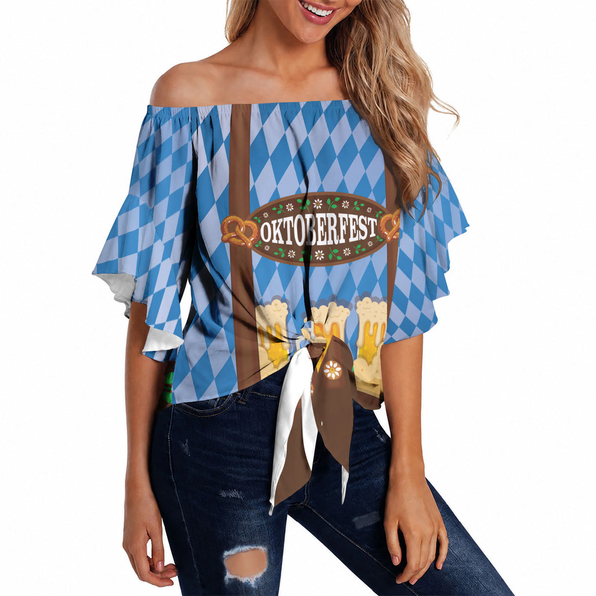 Lederhosen Oktoberfest Off Shoulder Wrap Waist Top Beers Bavarian Diamond Pattern