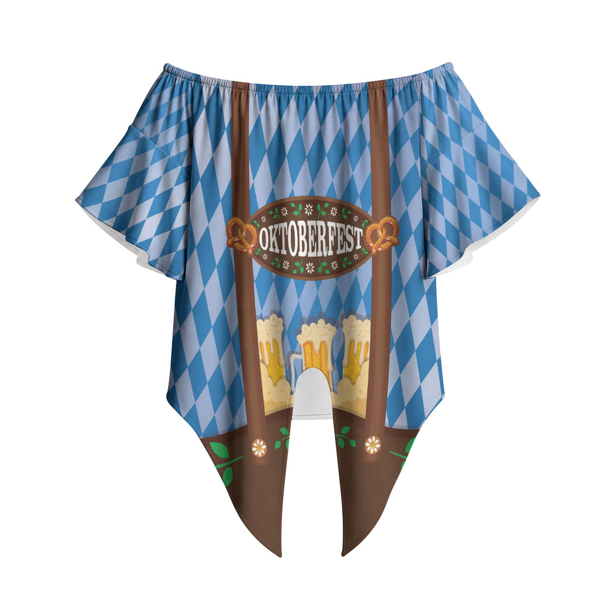 Lederhosen Oktoberfest Off Shoulder Wrap Waist Top Beers Bavarian Diamond Pattern