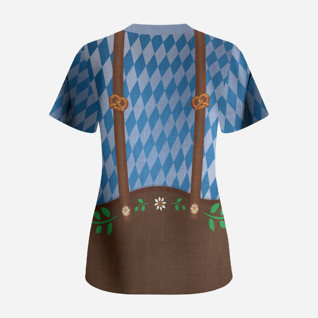 Lederhosen Oktoberfest Scrub Top Beers Bavarian Diamond Pattern