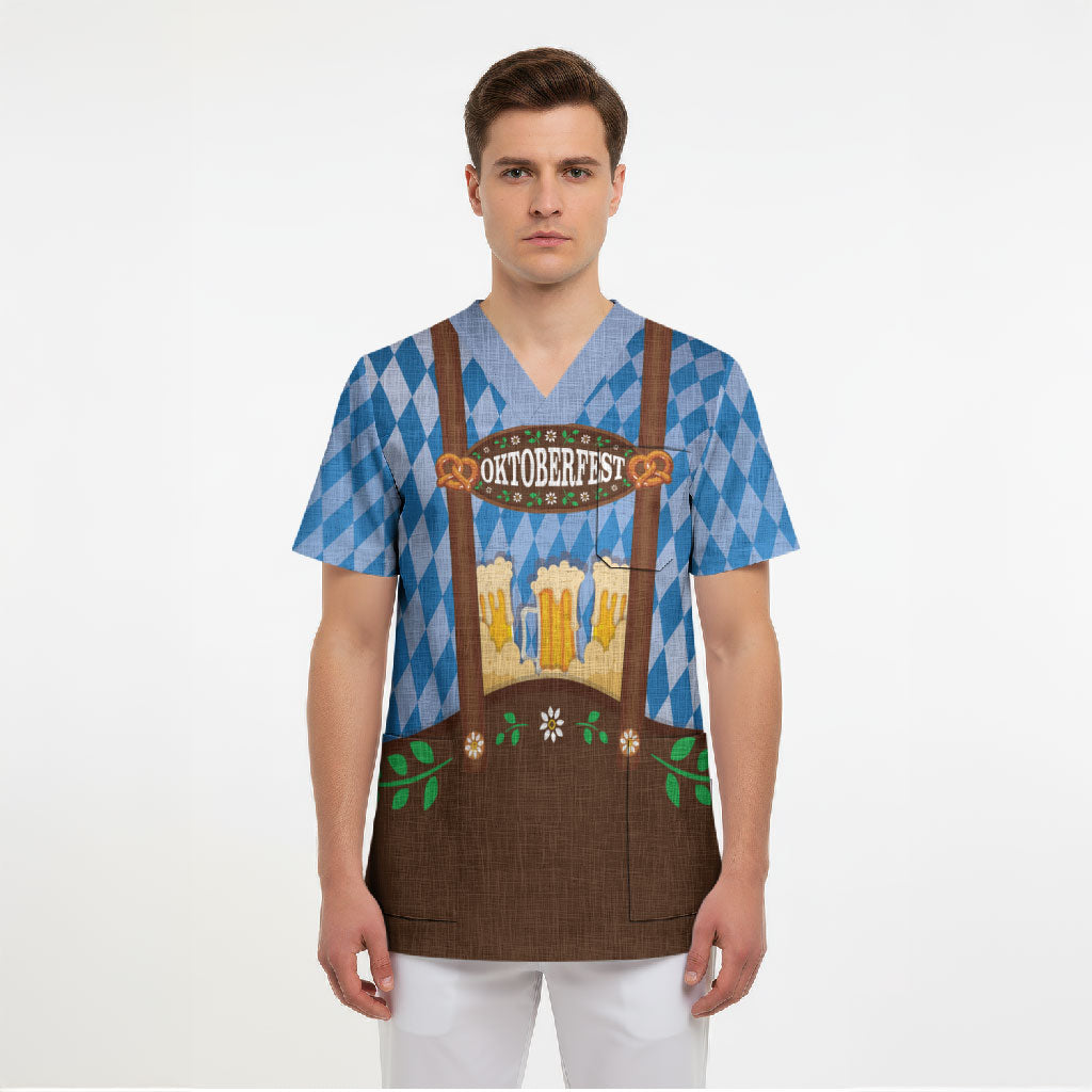 Lederhosen Oktoberfest Scrub Top Beers Bavarian Diamond Pattern