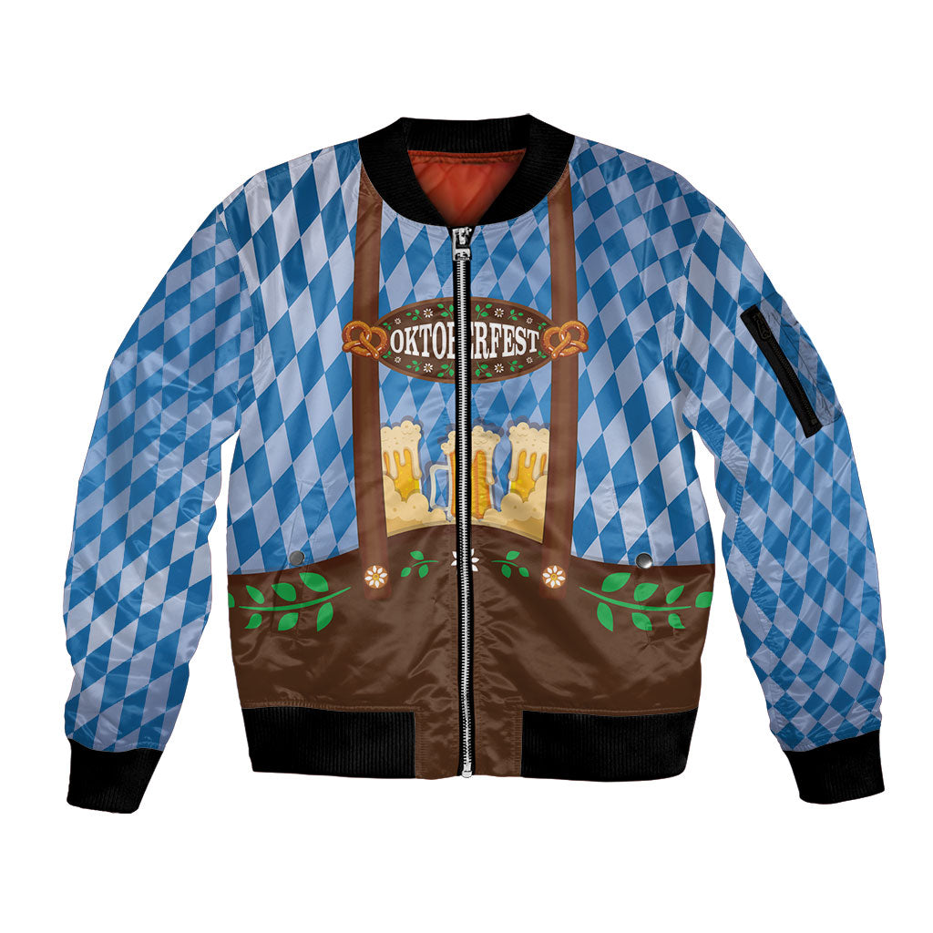 Lederhosen Oktoberfest Sleeve Zip Bomber Jacket Beers Bavarian Diamond Pattern