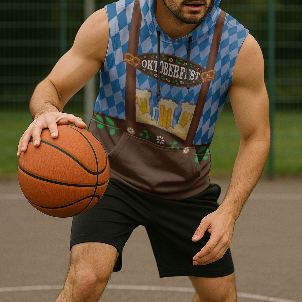 Lederhosen Oktoberfest Sleeveless Hoodie Beers Bavarian Diamond Pattern