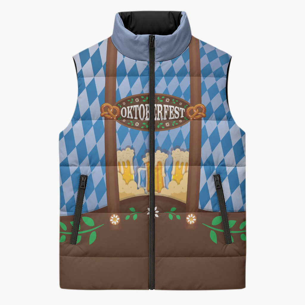 Lederhosen Oktoberfest Sleeveless Puffer Jacket Beers Bavarian Diamond Pattern