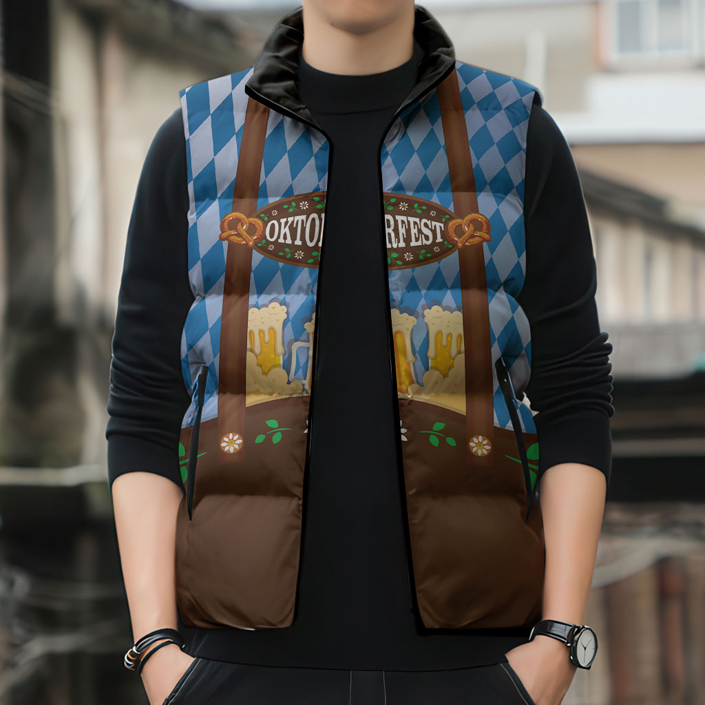 Lederhosen Oktoberfest Sleeveless Puffer Jacket Beers Bavarian Diamond Pattern