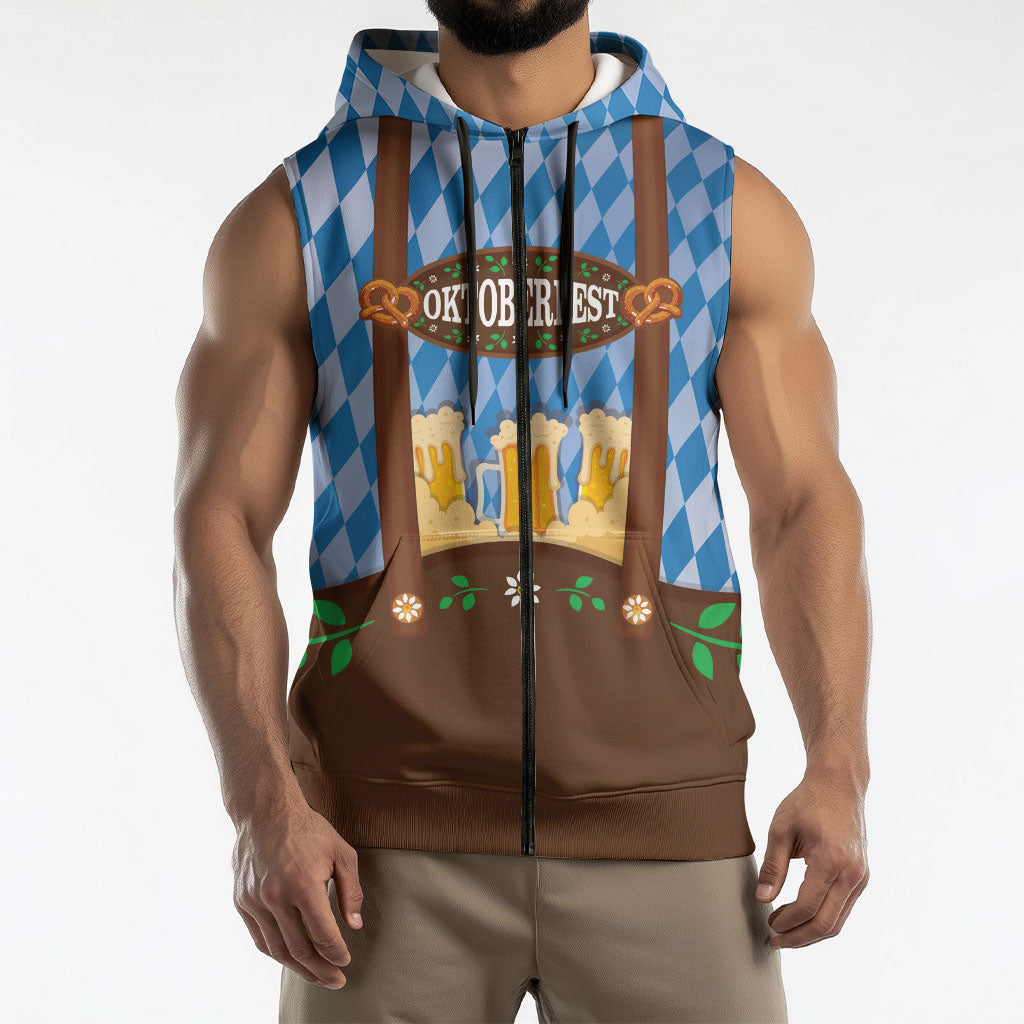 Lederhosen Oktoberfest Sleeveless Zip Hoodie Beers Bavarian Diamond Pattern