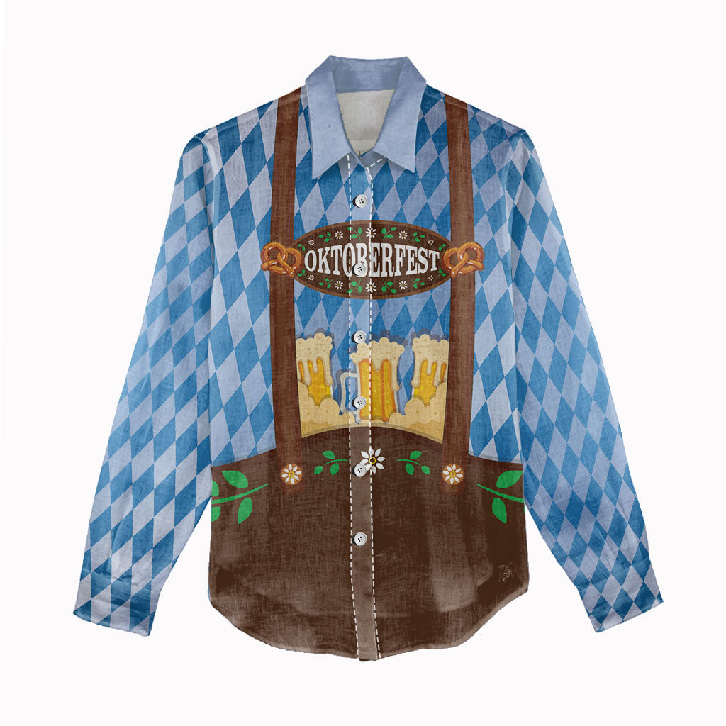 Lederhosen Oktoberfest Women Casual Shirt Beers Bavarian Diamond Pattern