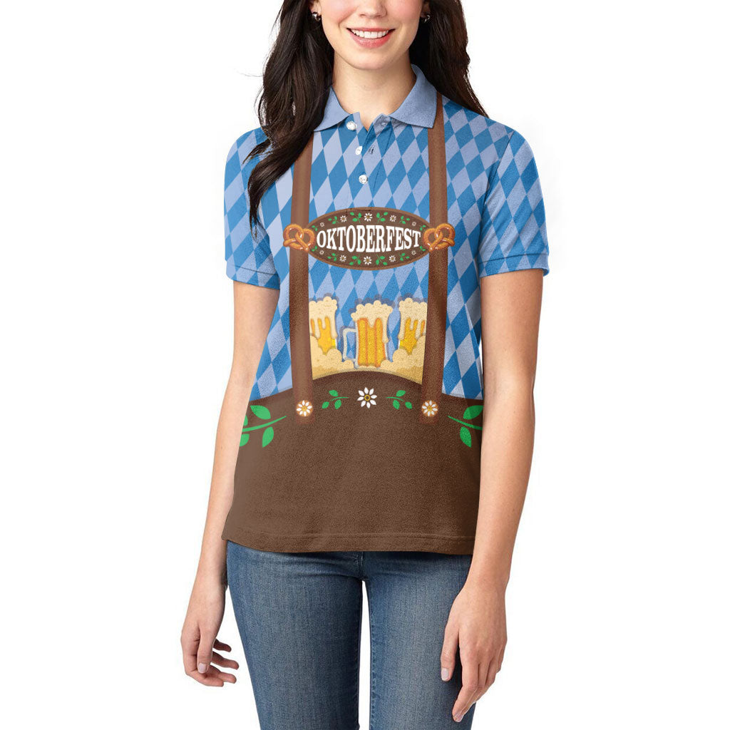 Lederhosen Oktoberfest Women Polo Shirt Beers Bavarian Diamond Pattern
