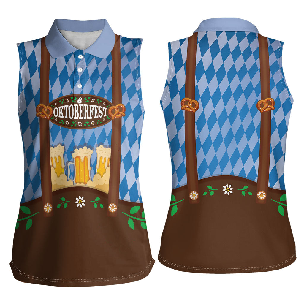 Lederhosen Oktoberfest Women Sleeveless Polo Shirt Beers Bavarian Diamond Pattern