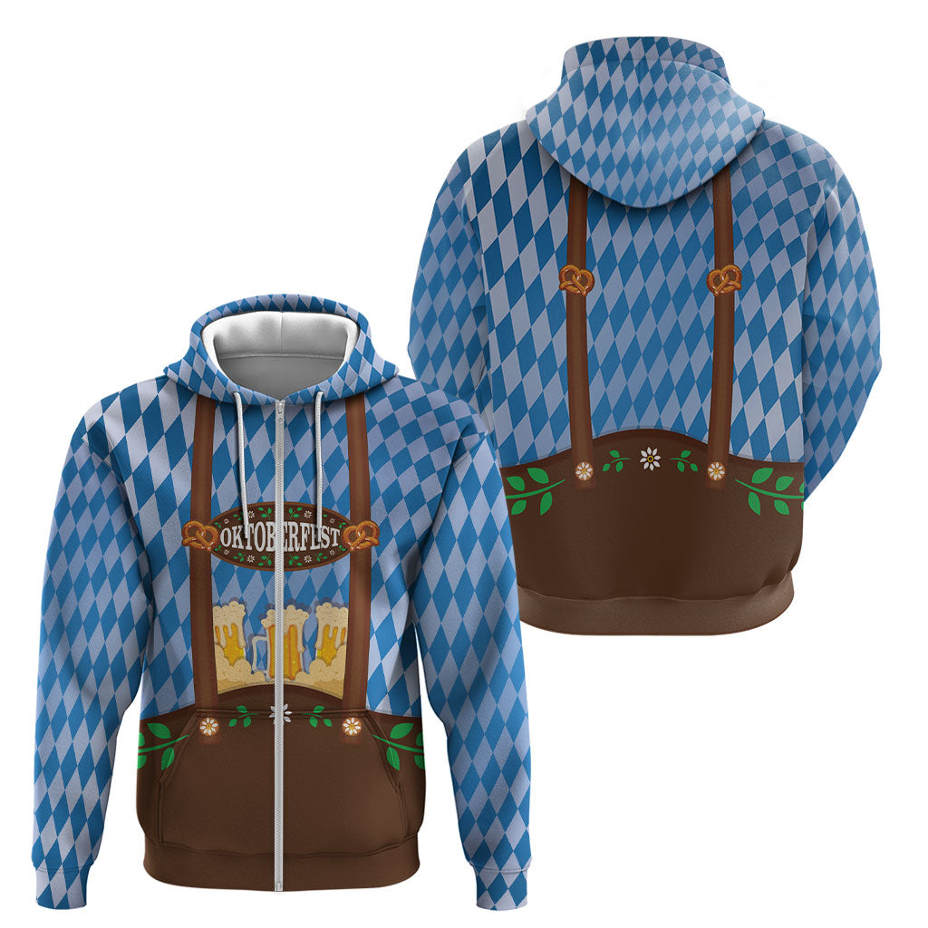 Lederhosen Oktoberfest Zip Hoodie Beers Bavarian Diamond Pattern