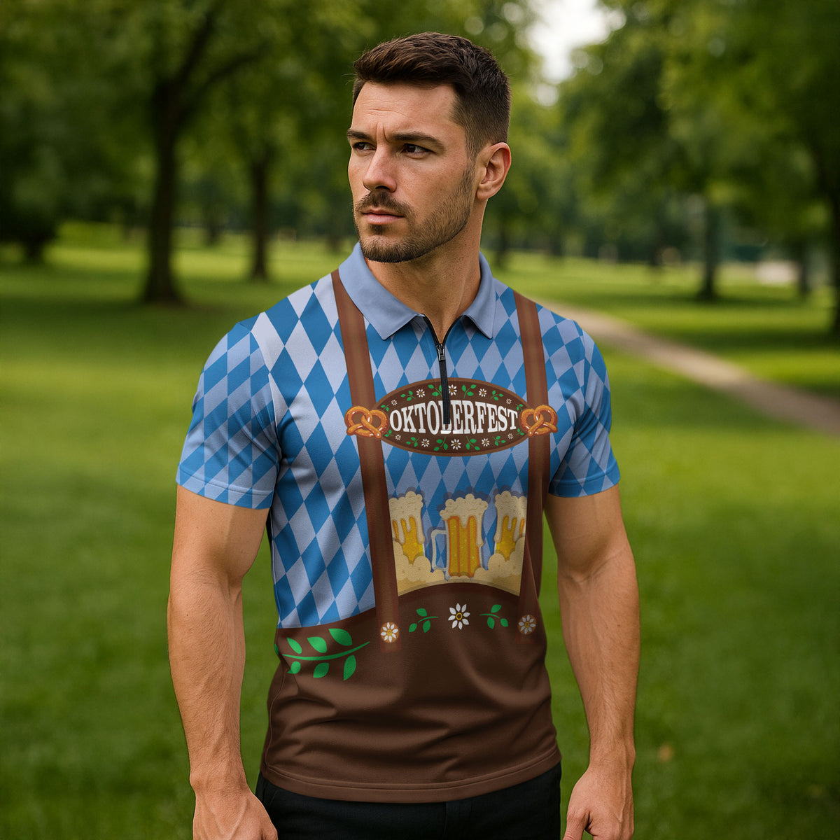 Lederhosen Oktoberfest Zipper Polo Shirt Beers Bavarian Diamond Pattern