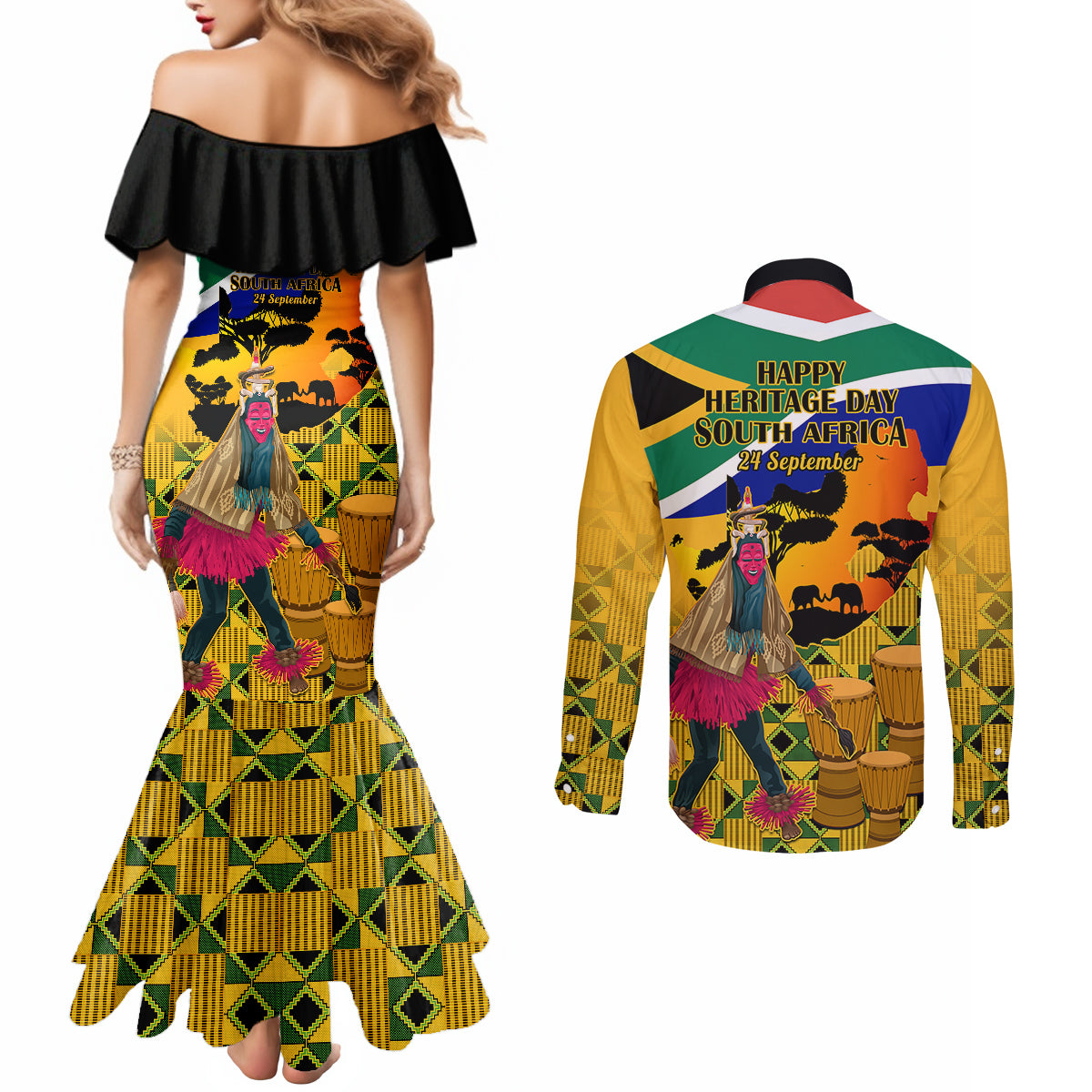 south-africa-heritage-day-couples-matching-mermaid-dress-and-long-sleeve-button-shirts-traditional-dancer-kente-pattern-with-flag-style