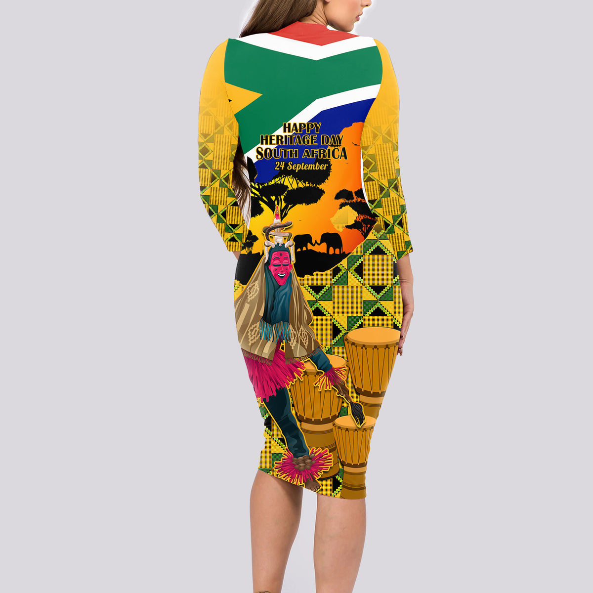 South Africa Heritage Day Long Sleeve Bodycon Dress Traditional Dancer Kente Pattern With Flag Style - Wonder Print Shop