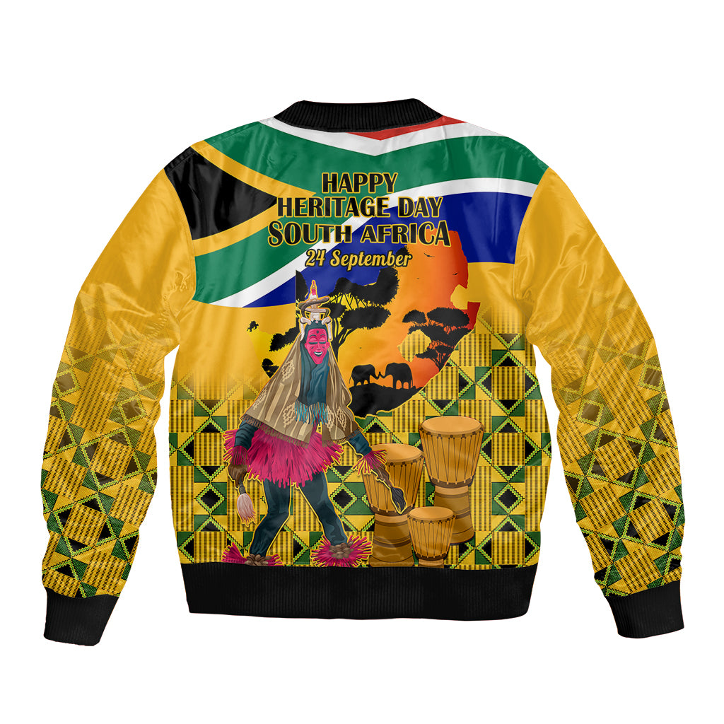 South Africa Heritage Day Sleeve Zip Bomber Jacket Traditional Dancer Kente Pattern With Flag Style - Wonder Print Shop