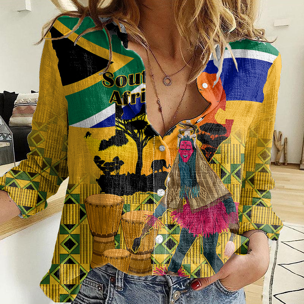 South Africa Heritage Day Women Casual Shirt Traditional Dancer Kente Pattern With Flag Style - Wonder Print Shop